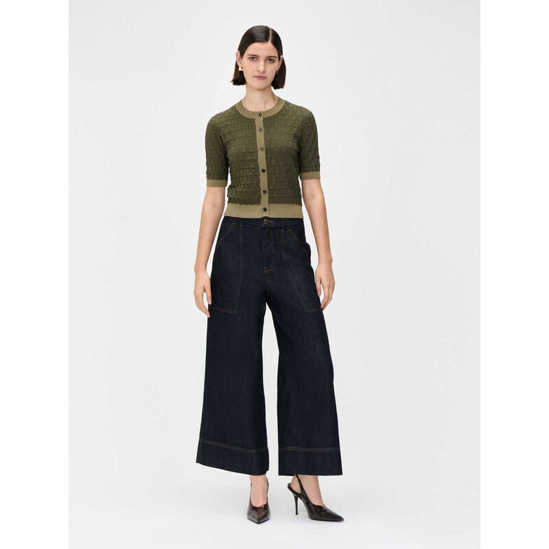 Veronika Maine Olive Textured Contrast Cardigan image number 3